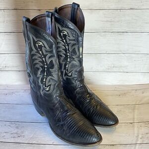 Vintage Red Label Tony Lama Boots Mens 13 D Black Leather Teju Lizard USA CZ810